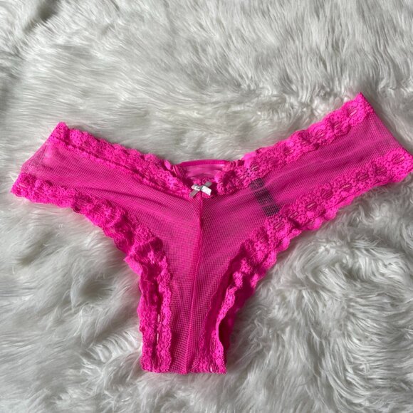 NWOT Victoria's Secret Vintage Hot Pink Lace Fishnet Lace-Up Corset Cheeky LARGE - Picture 1 of 12